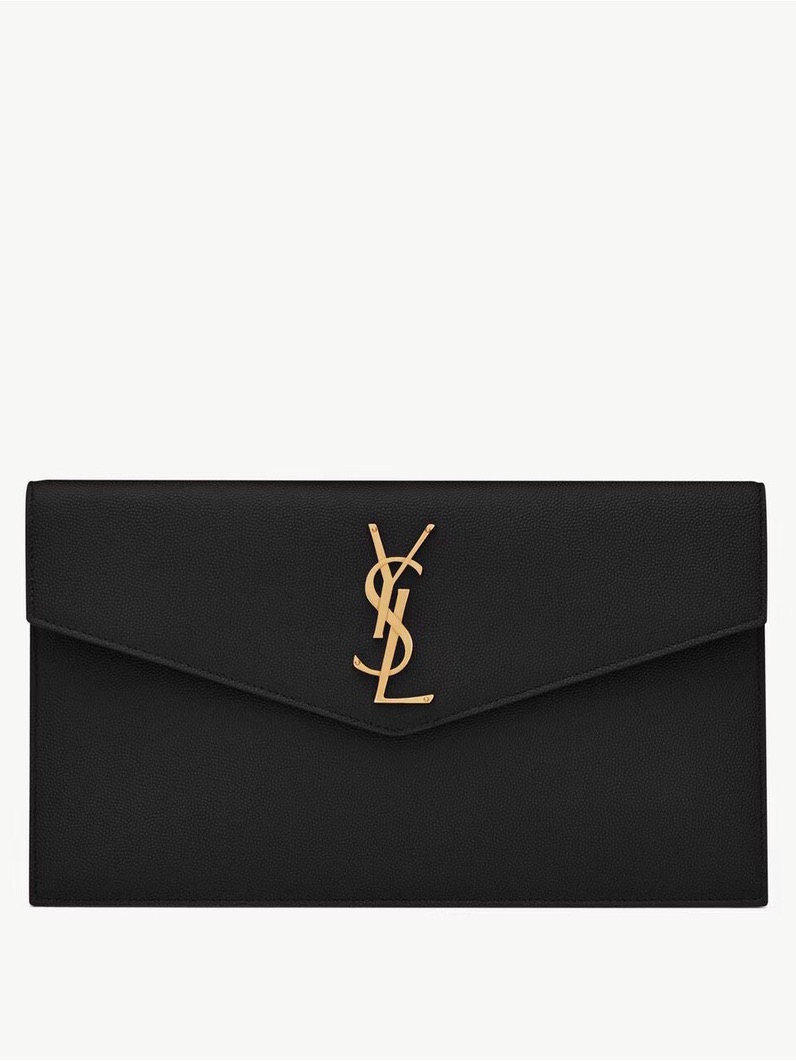 Yves Saint Laurent Black Leather Envelope Clutch With Gold Monogram